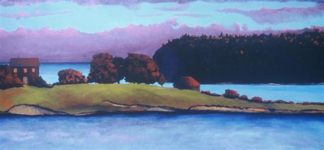 A painting of land and sea, adorned by trees that softly reflect the light of a pink sunset. A small home sits on the land. Its windows glow with warm light from inside. 